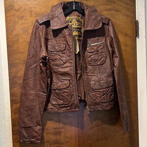 Superdry Brown Leather Moto Jacket Rugged Utility Biker Distressed Size M